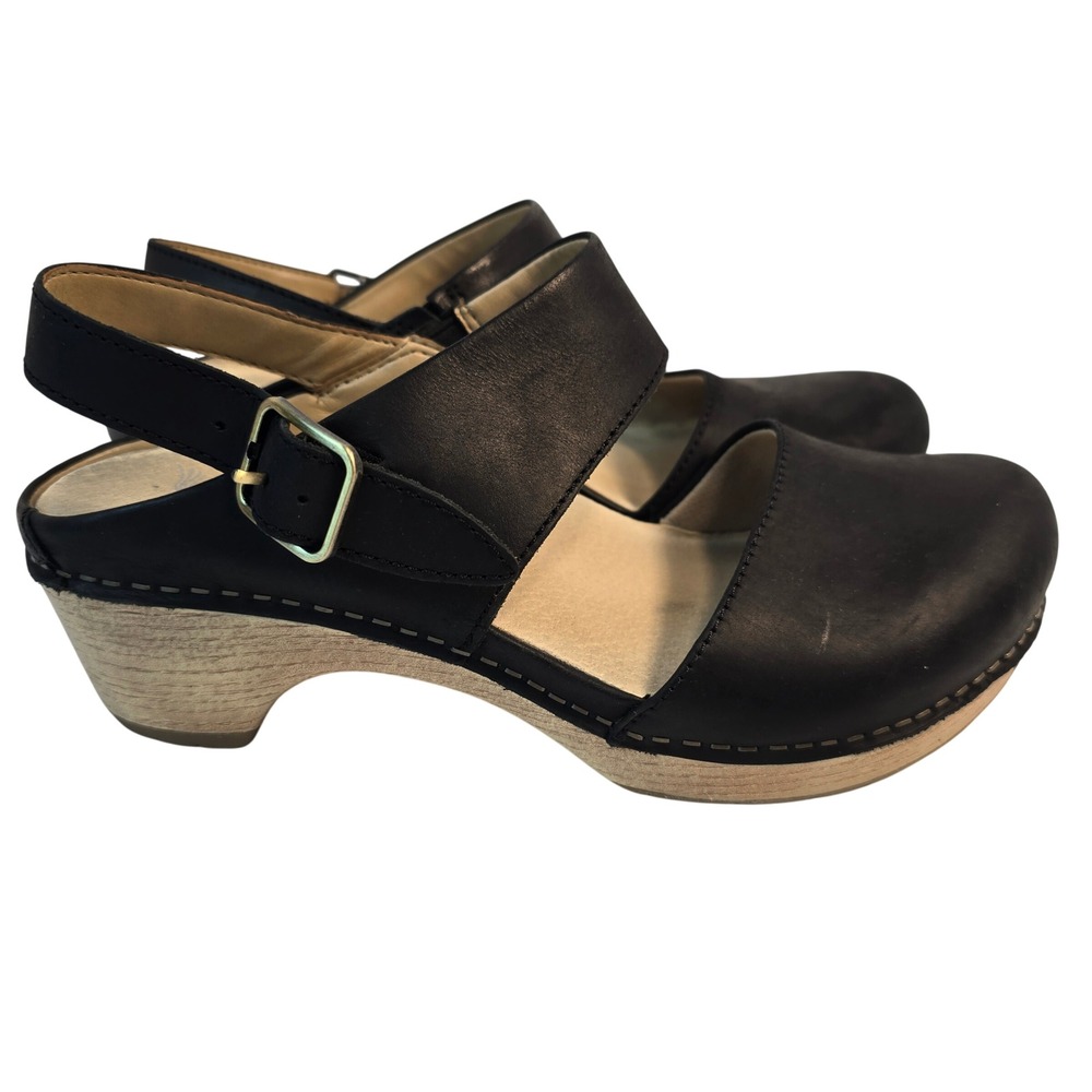 Dansko Tiffani Black Leather Mary Jane Clog Sandals Wedge Heel 37 Like NEW